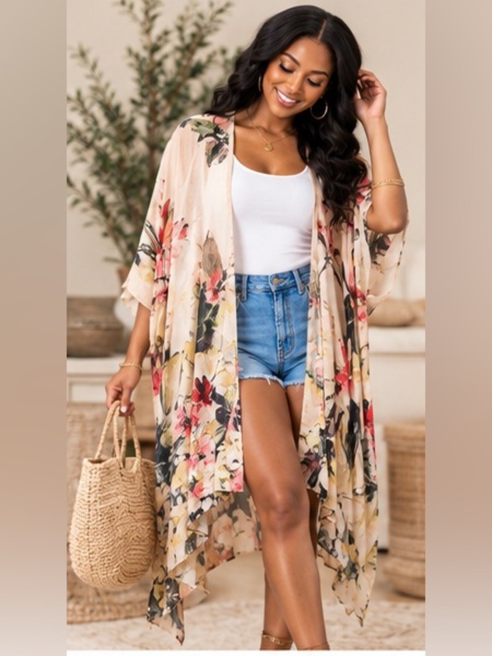 Beige Floral Sheer Kimono Duster